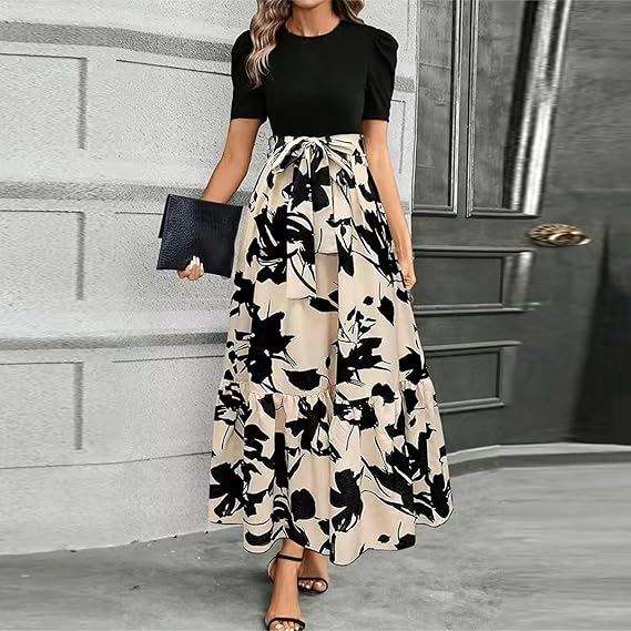 🔥Damen Sommerkleid Hohe Taille Kurzarm Rundhals Blumenmuster💗✨Umarme die Eleganz