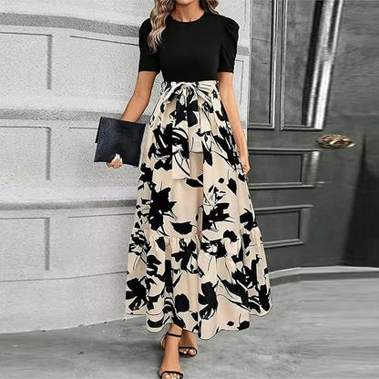 🔥Damen Sommerkleid Hohe Taille Kurzarm Rundhals Blumenmuster💗✨Umarme die Eleganz