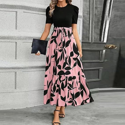 🔥Damen Sommerkleid Hohe Taille Kurzarm Rundhals Blumenmuster💗✨Umarme die Eleganz