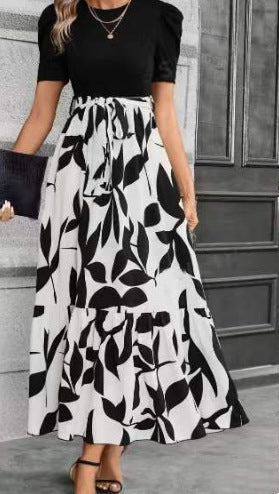 🔥Damen Sommerkleid Hohe Taille Kurzarm Rundhals Blumenmuster💗✨Umarme die Eleganz