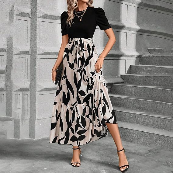 🔥Damen Sommerkleid Hohe Taille Kurzarm Rundhals Blumenmuster💗✨Umarme die Eleganz