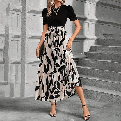 🔥Damen Sommerkleid Hohe Taille Kurzarm Rundhals Blumenmuster💗✨Umarme die Eleganz