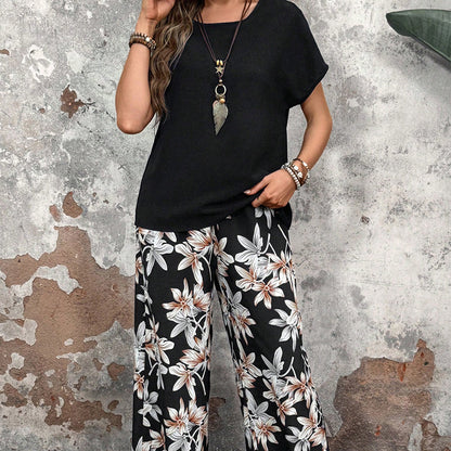 🏆HEISSER VERKAUF 50% RABATT🔥Damen Freizeit-Set mit Blumenmuster, weitem Bein und Kurzarm-Oberteil