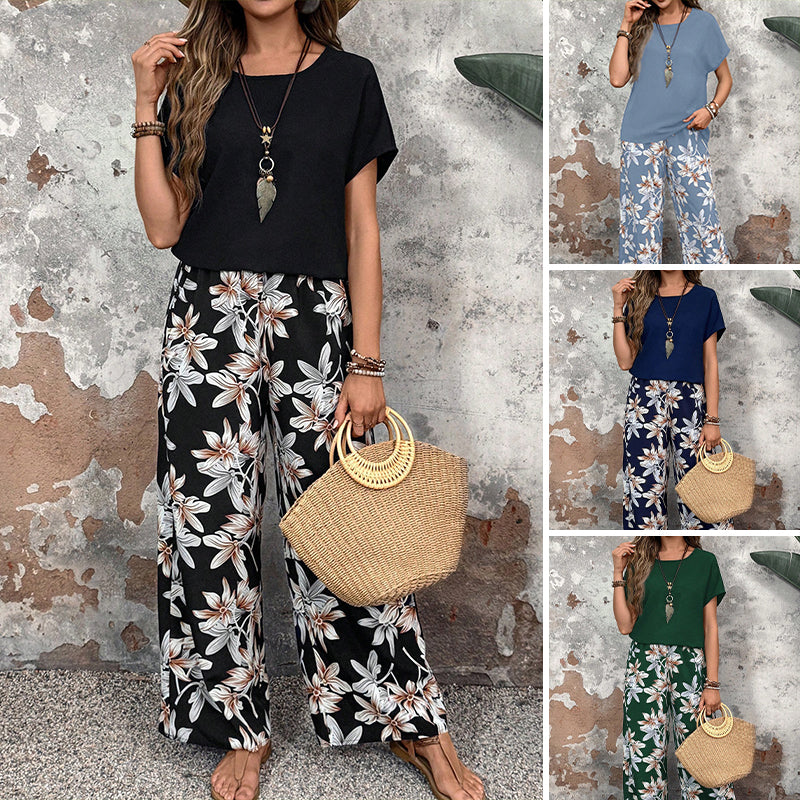 🏆HEISSER VERKAUF 50% RABATT🔥Damen Freizeit-Set mit Blumenmuster, weitem Bein und Kurzarm-Oberteil