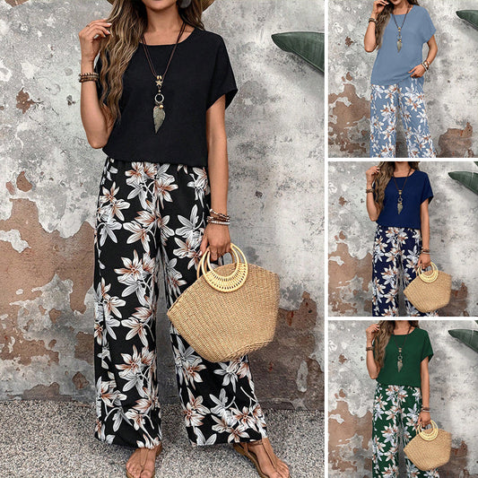 🏆HOT SALE 50% OFF🔥Women's Casual Floral Print Wide Leg Trousers and Short Sleeve Top Set