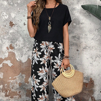 🏆HEISSER VERKAUF 50% RABATT🔥Damen Freizeit-Set mit Blumenmuster, weitem Bein und Kurzarm-Oberteil
