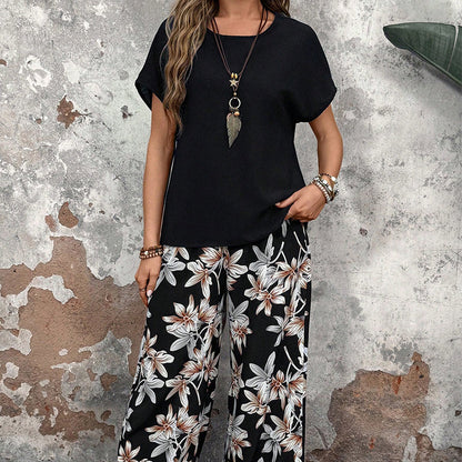 🏆HEISSER VERKAUF 50% RABATT🔥Damen Freizeit-Set mit Blumenmuster, weitem Bein und Kurzarm-Oberteil
