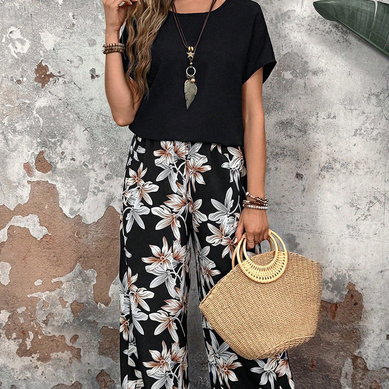🏆HEISSER VERKAUF 50% RABATT🔥Damen Freizeit-Set mit Blumenmuster, weitem Bein und Kurzarm-Oberteil
