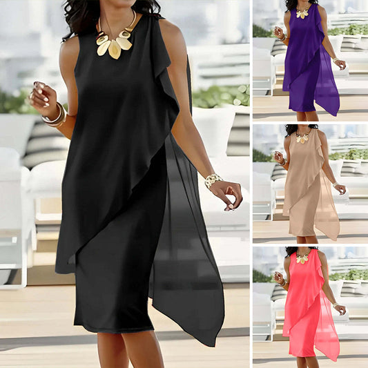 👗 Women's Summer Elegant Round Neck Asymmetric Mesh Sleeveless Dress– Feminine, Comfortable & Beautifully Elegant✨