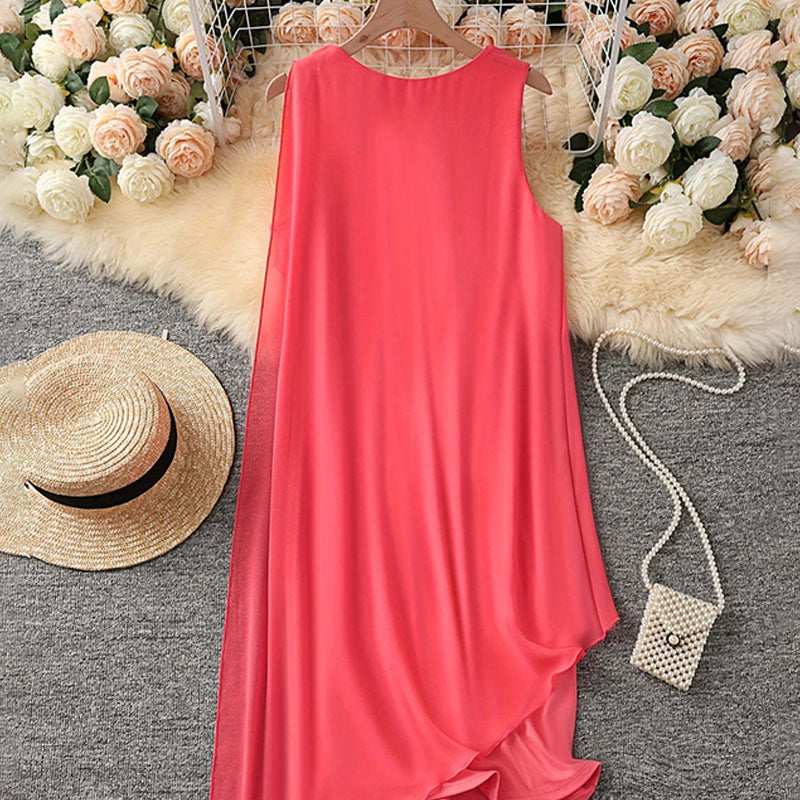 👗 Damen Elegantes Sommerkleid mit Rundhalsausschnitt, asymmetrisch, ärmellos aus Mesh – Feminin, bequem & wunderschön elegant✨