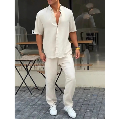 ✨Hot Sale 50% OFF✨Men’s Solid Lapel Short-Sleeve Tops ＆ Pants 2-Piece Set👔