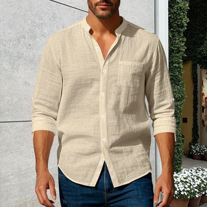 Stay Sharp & Stylish With Our Men's Linen Long Sleeve Stand Collar Shirt 👔✨