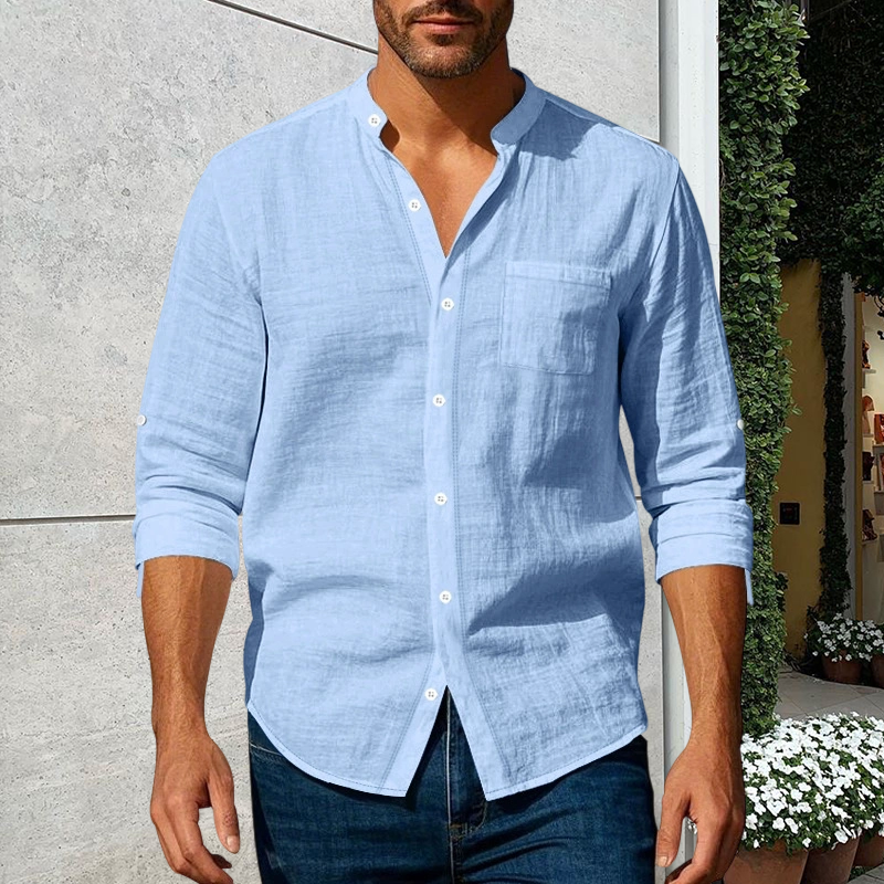 Stay Sharp & Stylish With Our Men's Linen Long Sleeve Stand Collar Shirt 👔✨