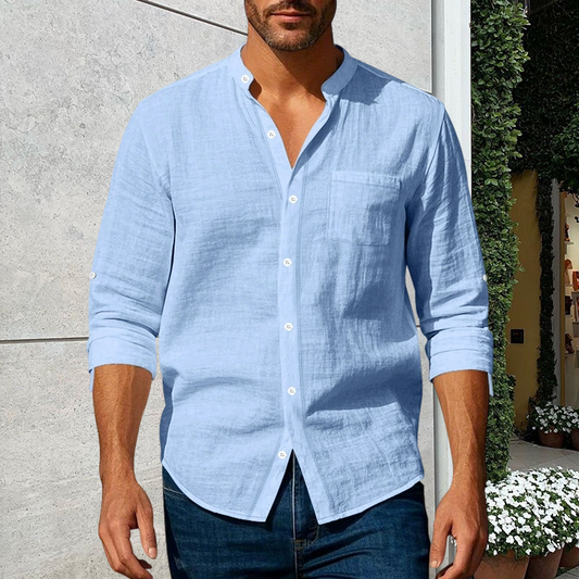 Stay Sharp & Stylish With Our Men's Linen Long Sleeve Stand Collar Shirt 👔✨