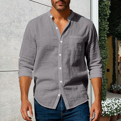 Stay Sharp & Stylish With Our Men's Linen Long Sleeve Stand Collar Shirt 👔✨