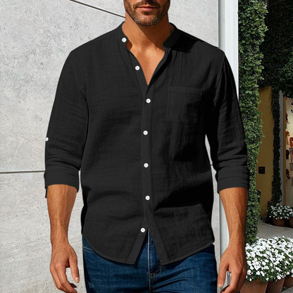 Stay Sharp & Stylish With Our Men's Linen Long Sleeve Stand Collar Shirt 👔✨