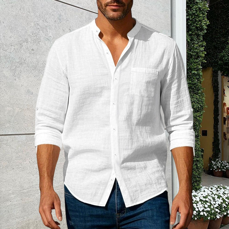 Stay Sharp & Stylish With Our Men's Linen Long Sleeve Stand Collar Shirt 👔✨