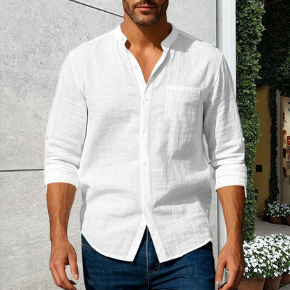 Stay Sharp & Stylish With Our Men's Linen Long Sleeve Stand Collar Shirt 👔✨