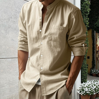 Stay Sharp & Stylish With Our Men's Linen Long Sleeve Stand Collar Shirt 👔✨