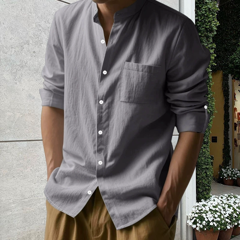 Stay Sharp & Stylish With Our Men's Linen Long Sleeve Stand Collar Shirt 👔✨