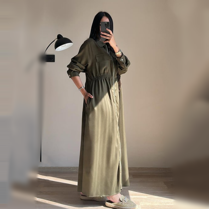 🔥Best Seller🔥Long-Sleeve Zip-Up Dress with Waist Cinching