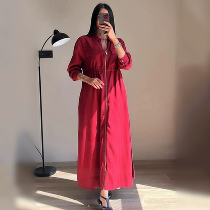 🔥Best Seller🔥Long-Sleeve Zip-Up Dress with Waist Cinching