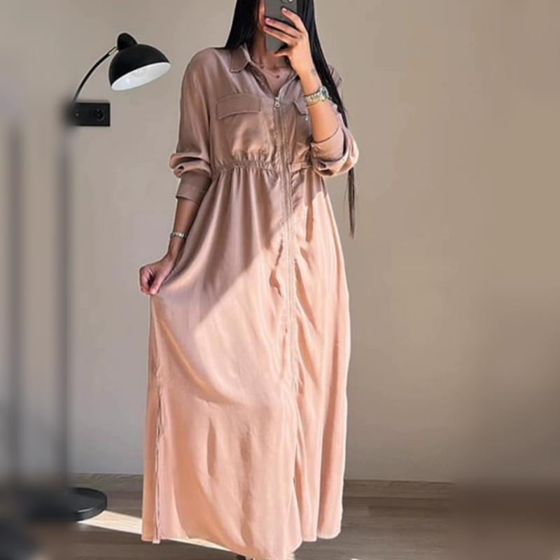 🔥Best Seller🔥Long-Sleeve Zip-Up Dress with Waist Cinching
