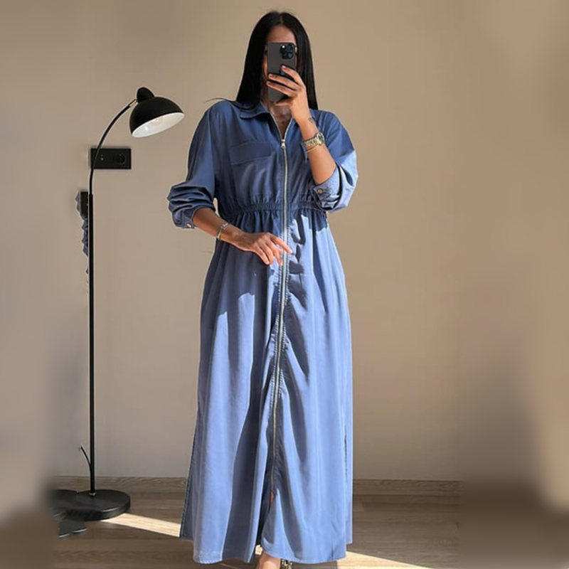 🔥Best Seller🔥Long-Sleeve Zip-Up Dress with Waist Cinching