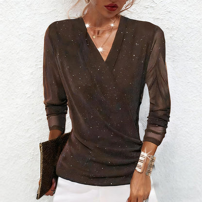 ✨ 50% OFF! 💫 SPARKLE CROSSOVER TOP - V-Neck with Glitter Accents, Flowy Long Sleeves for Parties and Evening Events, Comfortable Stretch Fabric 🌟👚