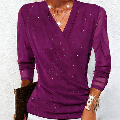 ✨ 50% OFF! 💫 SPARKLE CROSSOVER TOP - V-Neck with Glitter Accents, Flowy Long Sleeves for Parties and Evening Events, Comfortable Stretch Fabric 🌟👚
