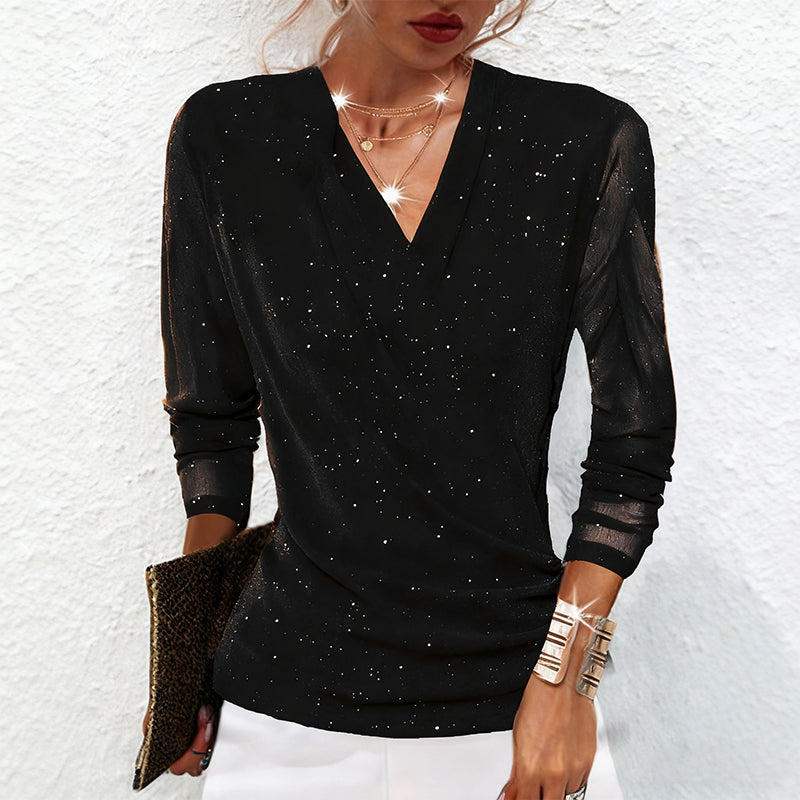 ✨ 50% OFF! 💫 SPARKLE CROSSOVER TOP - V-Neck with Glitter Accents, Flowy Long Sleeves for Parties and Evening Events, Comfortable Stretch Fabric 🌟👚