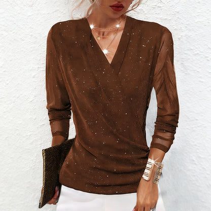 ✨ 50% OFF! 💫 SPARKLE CROSSOVER TOP - V-Neck with Glitter Accents, Flowy Long Sleeves for Parties and Evening Events, Comfortable Stretch Fabric 🌟👚