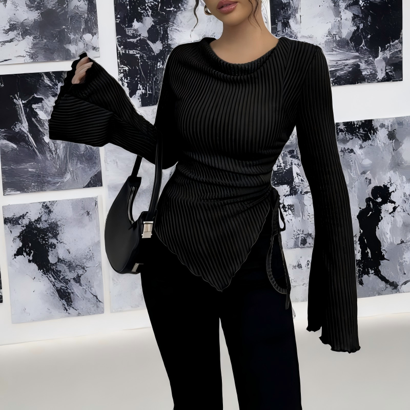 🔥Black Friday Sale 49% OFF🔥Funnel Neck Flare Sleeve Knit Top with Side Drawstring