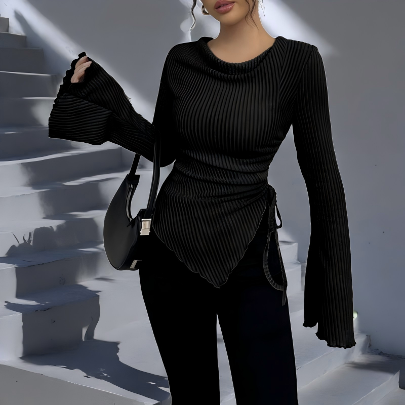 🔥Black Friday Sale 49% OFF🔥Funnel Neck Flare Sleeve Knit Top with Side Drawstring