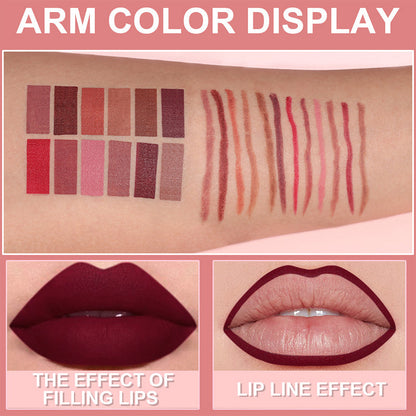 🔥Heiße Angebote – 12-Farben Matter Lippenstift & Lipliner Set (Holzummantelt) – Für perfekt definierte Lippen für jeden Look ✨