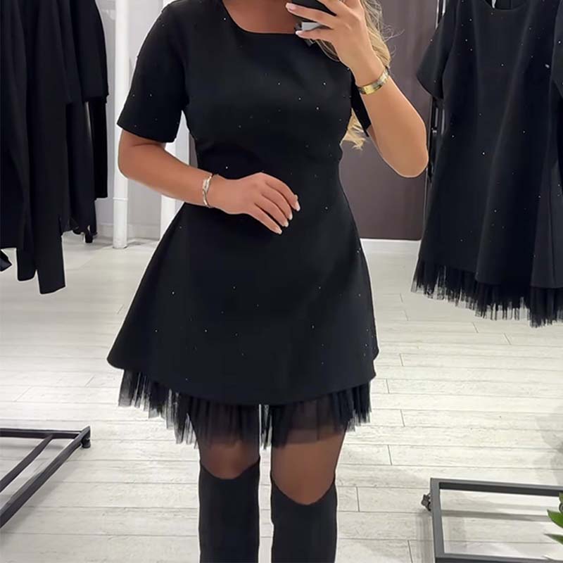 Women’s Sparkling Lace Trim Short-Sleeve Mini Dress | Elegant & Shimmering