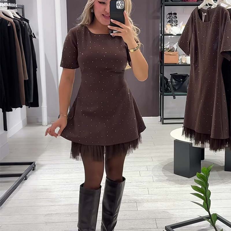 Women’s Sparkling Lace Trim Short-Sleeve Mini Dress | Elegant & Shimmering