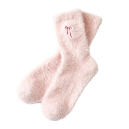 Women's Plush Mink Socks with Bow Embroidery