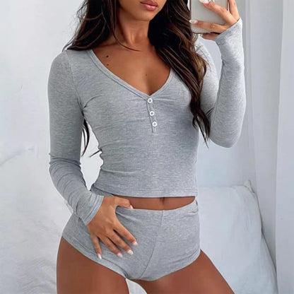 Women's Ribbed Button Crop Tops & Shorts 2-Piece Set