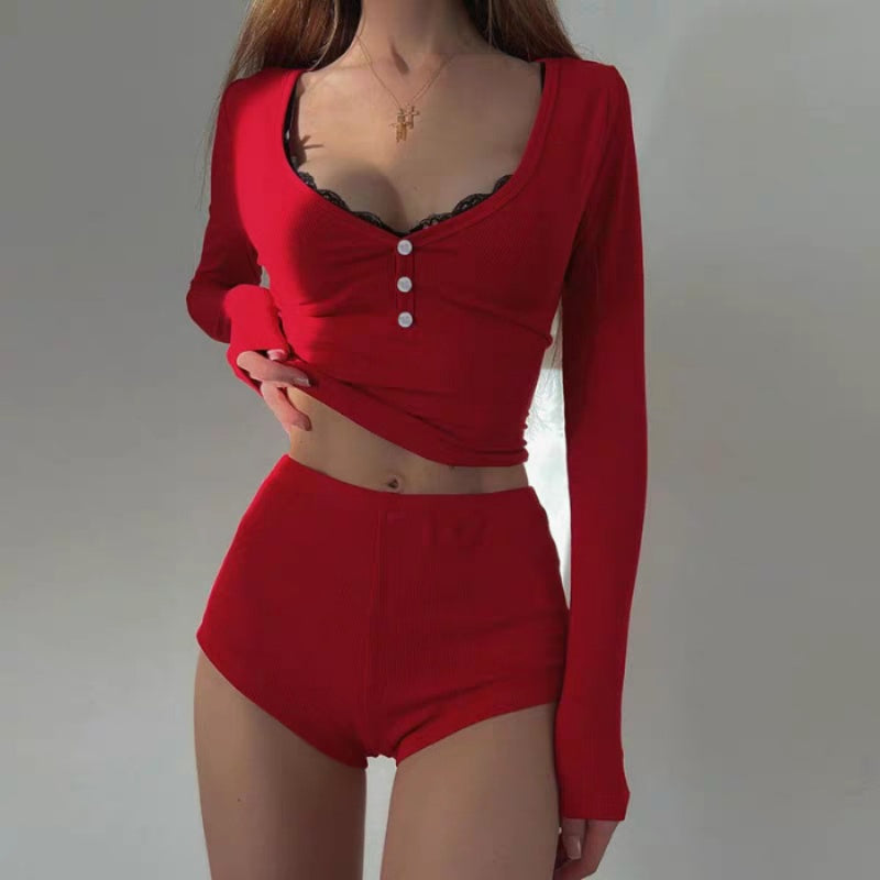 Women's Ribbed Button Crop Tops & Shorts 2-Piece Set