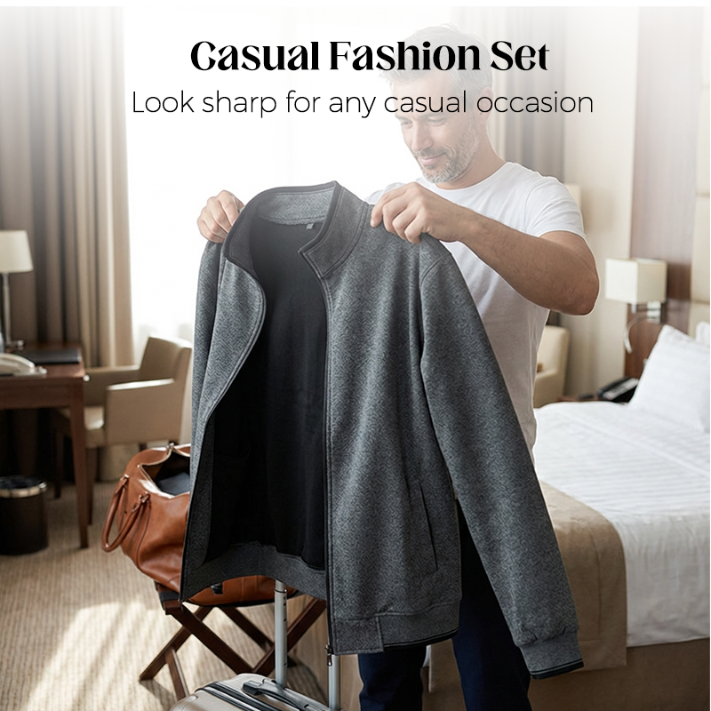 Men’s Stand Collar Jacket & Casual Pants 2-Piece Set
