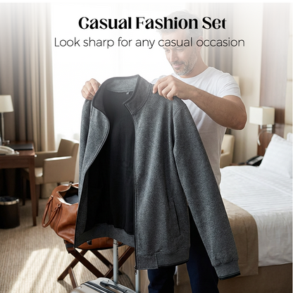 Men’s Stand Collar Jacket & Casual Pants 2-Piece Set