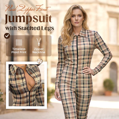 Plaid Zipper Front Jumpsuit with Stacked Legs