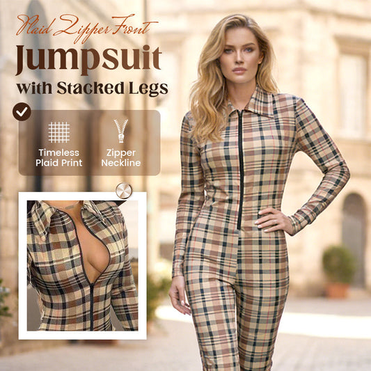 Plaid Zipper Front Jumpsuit with Stacked Legs