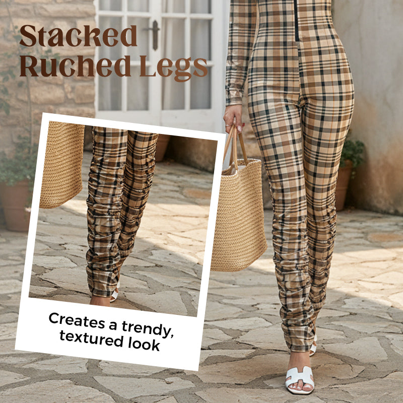 Plaid Zipper Front Jumpsuit with Stacked Legs
