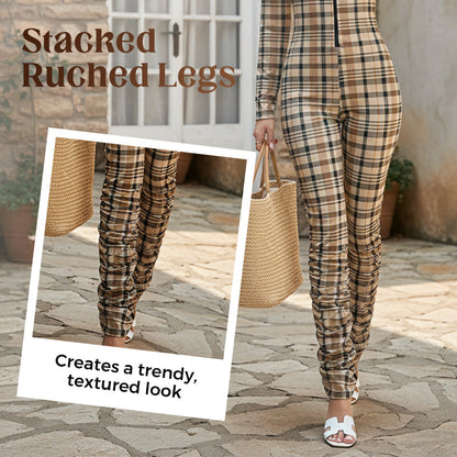 Plaid Zipper Front Jumpsuit with Stacked Legs