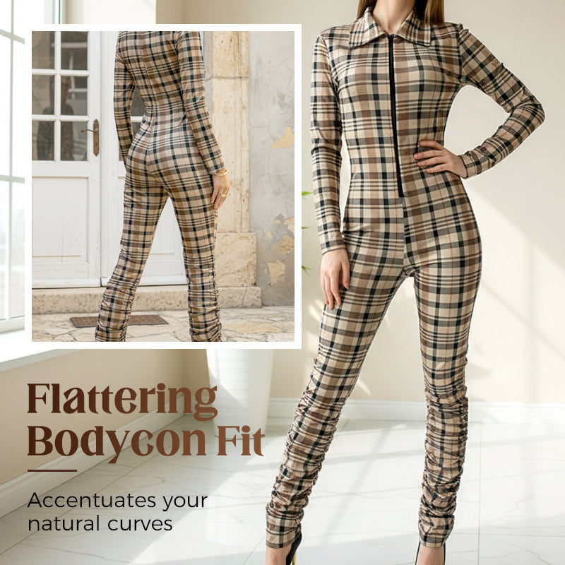 Plaid Zipper Front Jumpsuit with Stacked Legs
