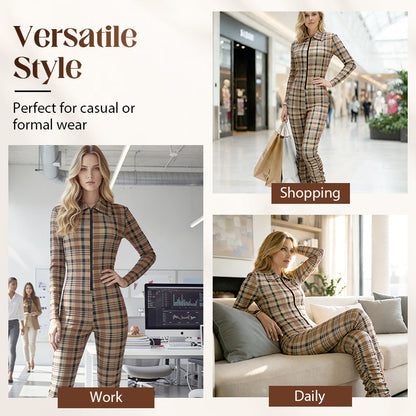 Plaid Zipper Front Jumpsuit with Stacked Legs