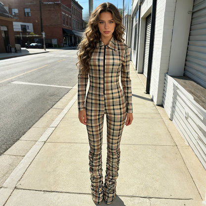 Plaid Zipper Front Jumpsuit with Stacked Legs