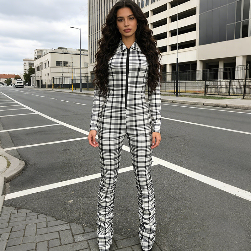 Plaid Zipper Front Jumpsuit with Stacked Legs